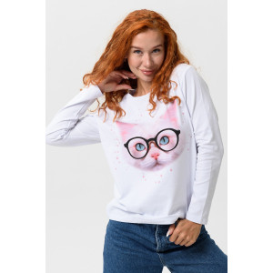 Лонгслив женский №8505 кулирка с лайкрой (последний размер) белый-кот в очках 50 Лонгслив женский №8505 кулирка с лайкрой (последний размер) белый-кот в очках 50