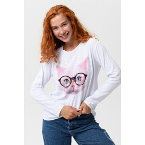 Лонгслив женский №8505 кулирка с лайкрой (последний размер) белый-кот в очках 50 Лонгслив женский №8505 кулирка с лайкрой (последний размер) белый-кот в очках 50