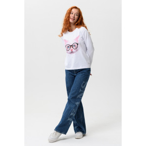 Лонгслив женский №8505 кулирка с лайкрой (последний размер) белый-кот в очках 50 Лонгслив женский №8505 кулирка с лайкрой (последний размер) белый-кот в очках 50