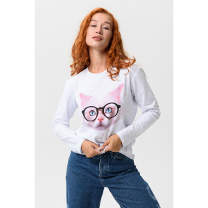Лонгслив женский №8505 кулирка с лайкрой (последний размер) белый-кот в очках 50 Лонгслив женский №8505 кулирка с лайкрой (последний размер) белый-кот в очках 50