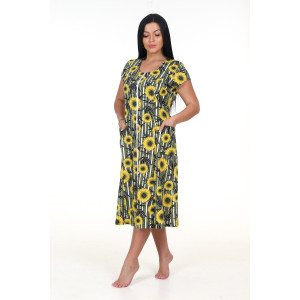 Халат женский ХК-548 кулирка (р-ры: 48-60) подсолнух на полосе хаки