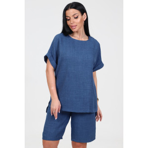 Костюм двойка женский КЛ-2639 "Шик" имитация льна (р-ры: 46-58) джинс темн.