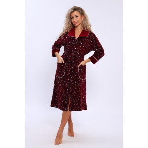 Халат женский 185 велюр (последний размер) бордовый-белый-цветы 50,52,54,58