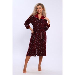 Халат женский 185 велюр (последний размер) бордовый-белый-цветы 50,52,54,58