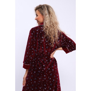 Халат женский 185 велюр (последний размер) бордовый-белый-цветы 50,52,54,58