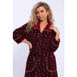 Халат женский 185 велюр (последний размер) бордовый-белый-цветы 50,52,54,58