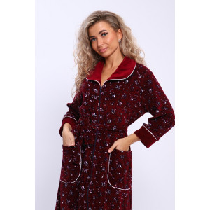 Халат женский 185 велюр (последний размер) бордовый-белый-цветы 50,52,54,58