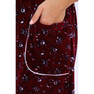 Халат женский 185 велюр (последний размер) бордовый-белый-цветы 50,52,54,58