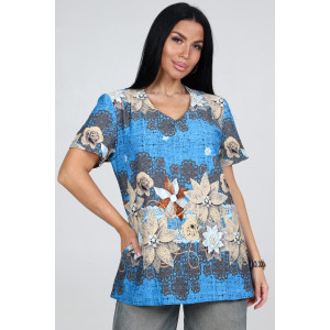 Туника женская "Блюз" ТК-72-ФУТ кулирка (последний размер) цветы на син.кружево 58