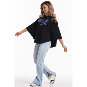 Пончо-туника женская №057913 кулирка (р-ры: 46-64) черн.печать-смайл