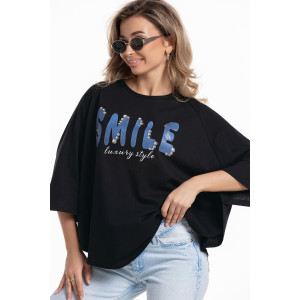 Пончо-туника женская №057913 кулирка (р-ры: 46-64) черн.печать-смайл