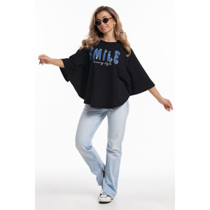 Пончо-туника женская №057913 кулирка (р-ры: 46-64) черн.печать-смайл