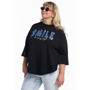 Пончо-туника женская №057913 кулирка (р-ры: 46-64) черн.печать-смайл