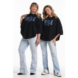 Пончо-туника женская №057913 кулирка (р-ры: 46-64) черн.печать-смайл