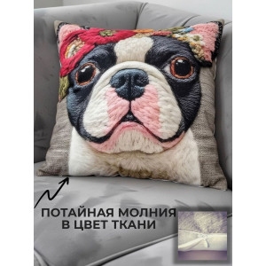 Наволочка-чехол декоративная велюр 3D на молнии "Собака с цветами" Наволочка-чехол декоративная велюр 3D на молнии "Собака с цветами"