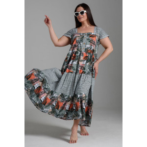 Платье женское №9257 кулирка (последний размер) тропические листья+хаки полоса 58,60