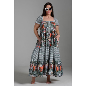 Платье женское №9257 кулирка (последний размер) тропические листья+хаки полоса 58,60