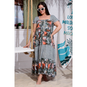 Платье женское №9257 кулирка (последний размер) тропические листья+хаки полоса 58,60