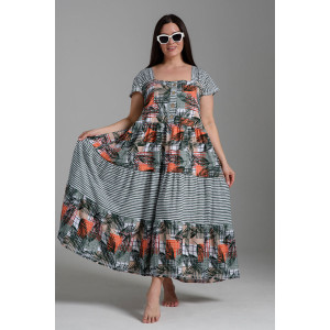 Платье женское №9257 кулирка (последний размер) тропические листья+хаки полоса 58,60
