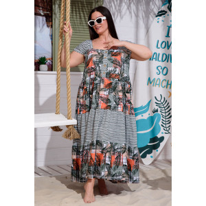 Платье женское №9257 кулирка (последний размер) тропические листья+хаки полоса 58,60