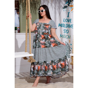 Платье женское №9257 кулирка (последний размер) тропические листья+хаки полоса 58,60