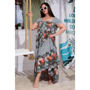 Платье женское №9257 кулирка (последний размер) тропические листья+хаки полоса 58,60