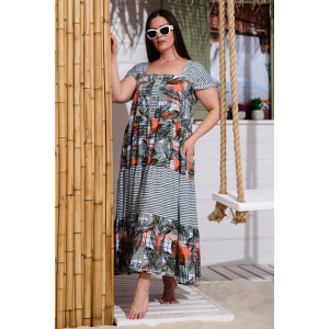 Платье женское №9257 кулирка (последний размер) тропические листья+хаки полоса 58,60