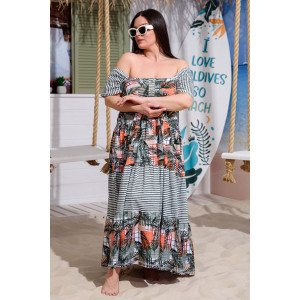 Платье женское №9257 кулирка (последний размер) тропические листья+хаки полоса 58,60