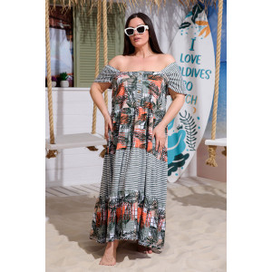 Платье женское №9257 кулирка (последний размер) тропические листья+хаки полоса 58,60