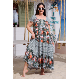 Платье женское №9257 кулирка (последний размер) тропические листья+хаки полоса 58,60