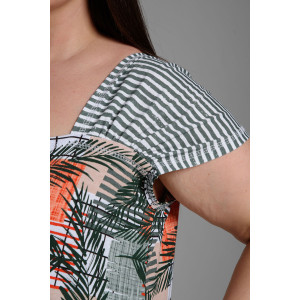 Платье женское №9257 кулирка (последний размер) тропические листья+хаки полоса 58,60