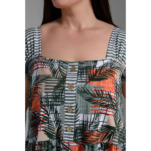 Платье женское №9257 кулирка (последний размер) тропические листья+хаки полоса 58,60