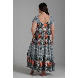 Платье женское №9257 кулирка (последний размер) тропические листья+хаки полоса 58,60