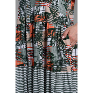Платье женское №9257 кулирка (последний размер) тропические листья+хаки полоса 58,60