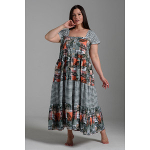 Платье женское №9257 кулирка (последний размер) тропические листья+хаки полоса 58,60