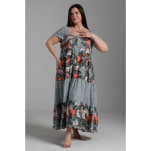 Платье женское №9257 кулирка (последний размер) тропические листья+хаки полоса 58,60