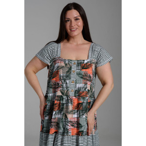 Платье женское №9257 кулирка (последний размер) тропические листья+хаки полоса 58,60