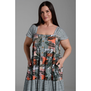 Платье женское №9257 кулирка (последний размер) тропические листья+хаки полоса 58,60