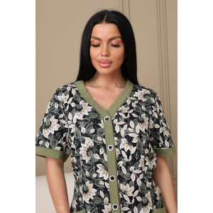 Халат женский 008 кулирка (р-ры: 54-74) зеленый-цветы