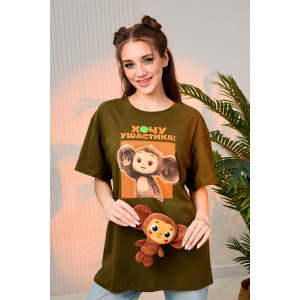 Футболка женская "Чебурашка" №8374 кулирка (последний размер) хаки 52