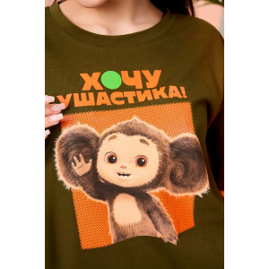 Футболка женская "Чебурашка" №8374 кулирка (последний размер) хаки 52