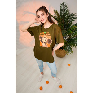 Футболка женская "Чебурашка" №8374 кулирка (последний размер) хаки 52