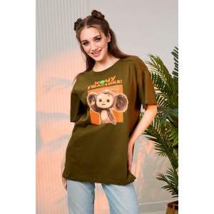 Футболка женская "Чебурашка" №8374 кулирка (последний размер) хаки 52