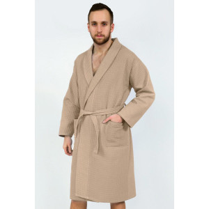 Халат унисекс запашной с воротником вафельное полотно (последний размер) бежевый 48-50, 56-60