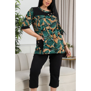 Костюм двойка женский 634 "Листья" кулирка (р-ры: 50-60) зеленый