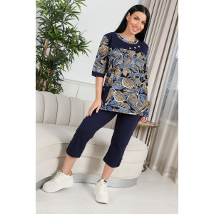 Костюм двойка женский 634 "Листья" кулирка (р-ры: 50-60) синий