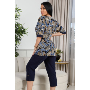 Костюм двойка женский 634 "Листья" кулирка (р-ры: 50-60) синий