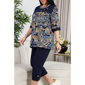 Костюм двойка женский 634 "Листья" кулирка (р-ры: 50-60) синий