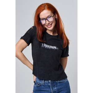 Футболка женская №7502 кулирка с лайкрой (р-ры: 42-52) черный винтаж-бабочка