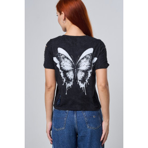 Футболка женская №7502 кулирка с лайкрой (р-ры: 42-52) черный винтаж-бабочка